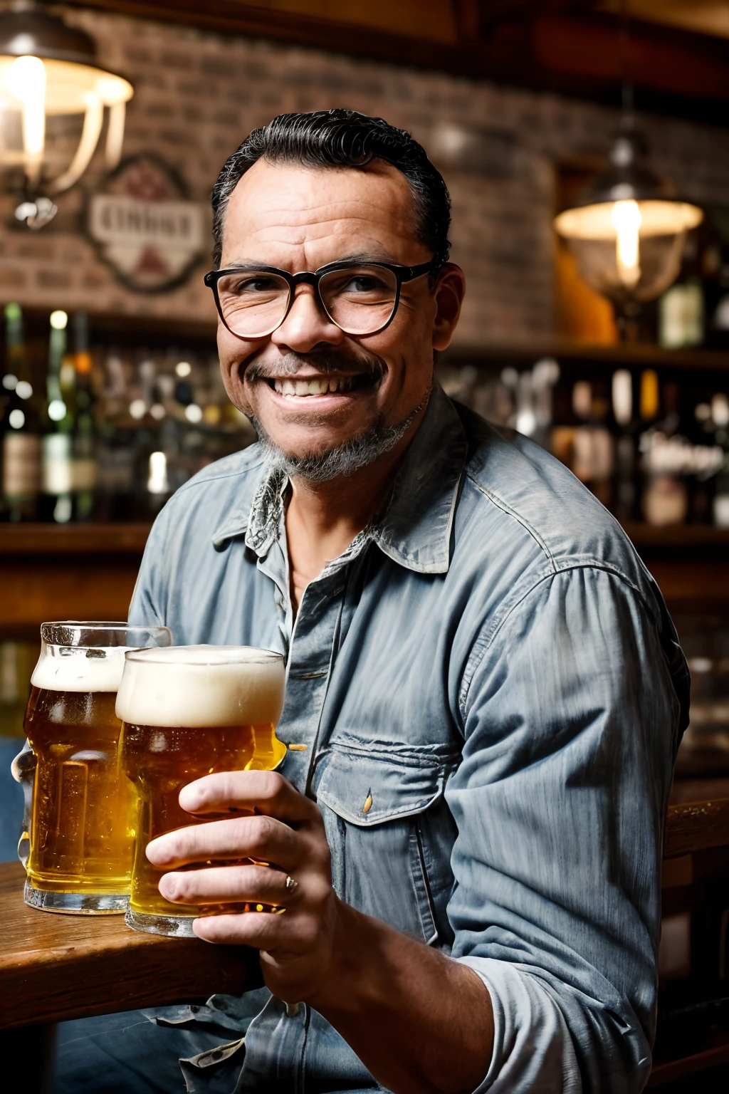 guttonerdvision10, Create an old-fashioned photograph-style image of a man wearing glasses, ((happy and content)), with a cheerful expression, sitting at an English pub counter, enjoying a beer. Achieve a vintage look with a ((worn and cracked border)) to evoke the feel of a bygone era. Pay attention to (((intricate details))) to convey the warmth of his emotions. Ensure (((extreme quality))) in capturing the vintage pub atmosphere. Craft a (((complex composition))) that highlights the man's joy and satisfaction. Utilize subdued colors to enhance the antique mood.