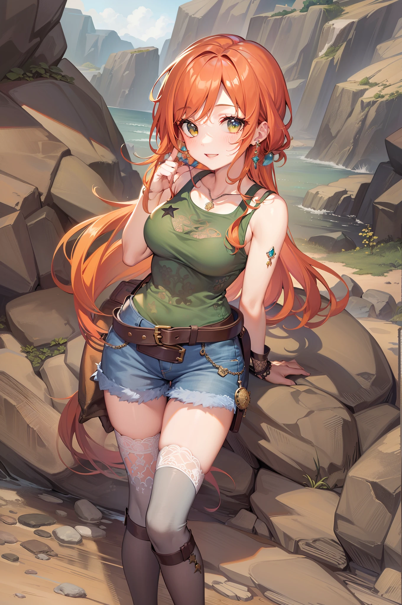 masterpiece, ((ultra detailed background, delicate pattern, intricate detail)), (highly detailed, fine details), best quality, beautiful lighting, ((medium breasts, slim girl)), NamiV3, ((Green tank top, denim shorts)), bavarian outfit, cleavage, 1girl, orange hair, solo, long hair, jewelry, brown eyes, smile, earrings, blue tattoo, (complex detailed background, barren land, rocks, ocean, oustide, nature environment), (cowboy shot),