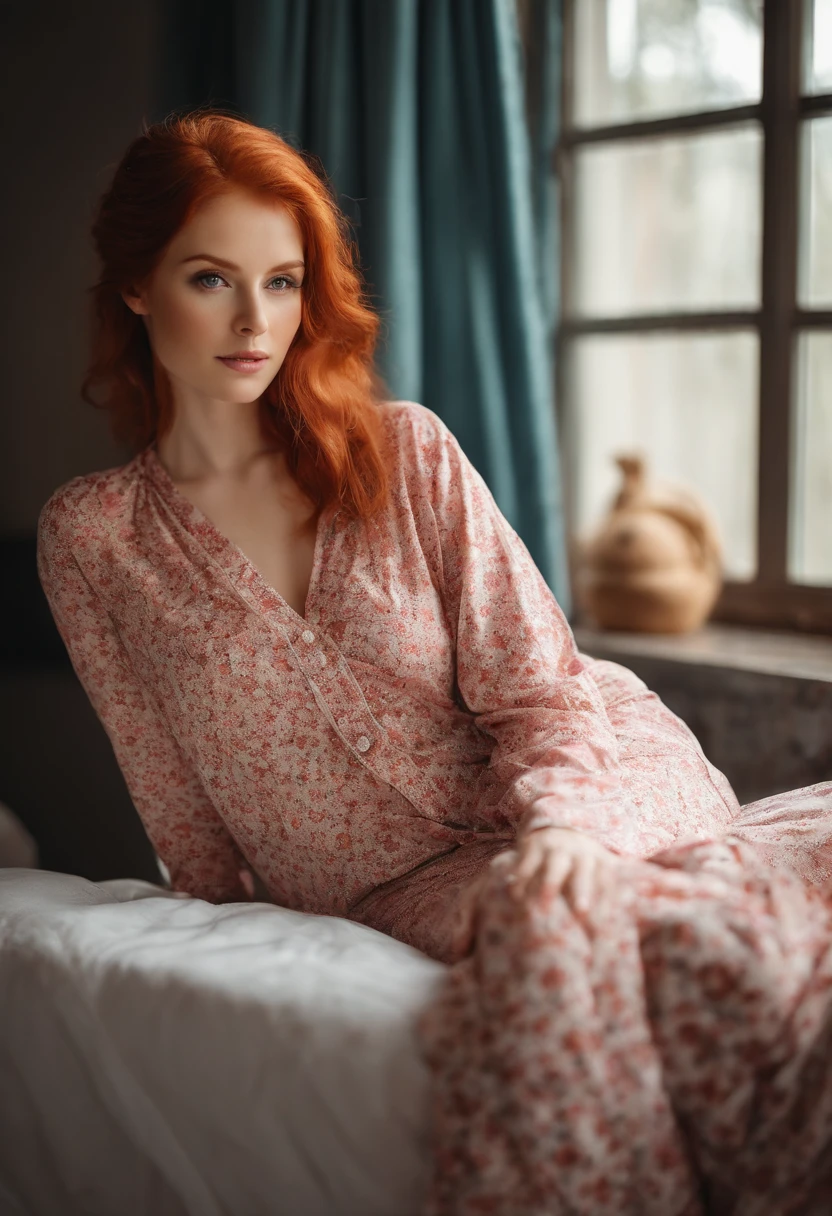 There is a woman sitting on bed wearing pink floral pajamas, Red-haired girl, Beautiful redhead woman, Red-haired woman, Young redhead girl, short bright red hair, red hair and attractive features, Anna Nikonova aka Newmilky, Red-haired girl, redhair, Beautiful woman, Posing in bed, Red head, With short red hair, Pose in the room