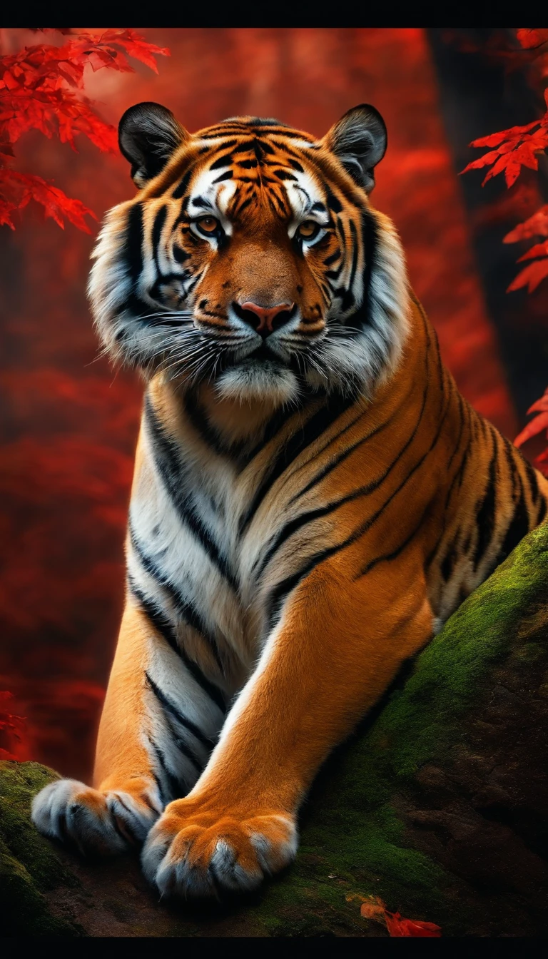 Mighty tiger,In a glowing red forest,photorealestic,realisticlying,Cinematic light,Standing on a large rock。Exceptionally powerful,Tremendously beautiful