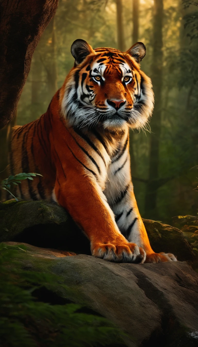 Mighty tiger，In a glowing red forest，photorealestic，realisticlying，Cinematic light，Standing on a large rock。Exceptionally powerful，Tremendously beautiful