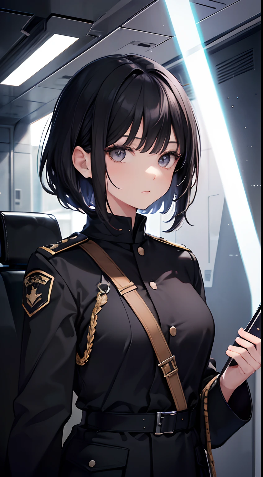 (highest resolution, distinct_image) Best quality, one woman, masterpiece, highly detailed, semi realistic, short black hair, black hair, gray eyes, bangs, 21 years old, shoulder length hair, mature, young, black clothing , black uniform, military uniform, spaceship space, exquisite facial features, facial features