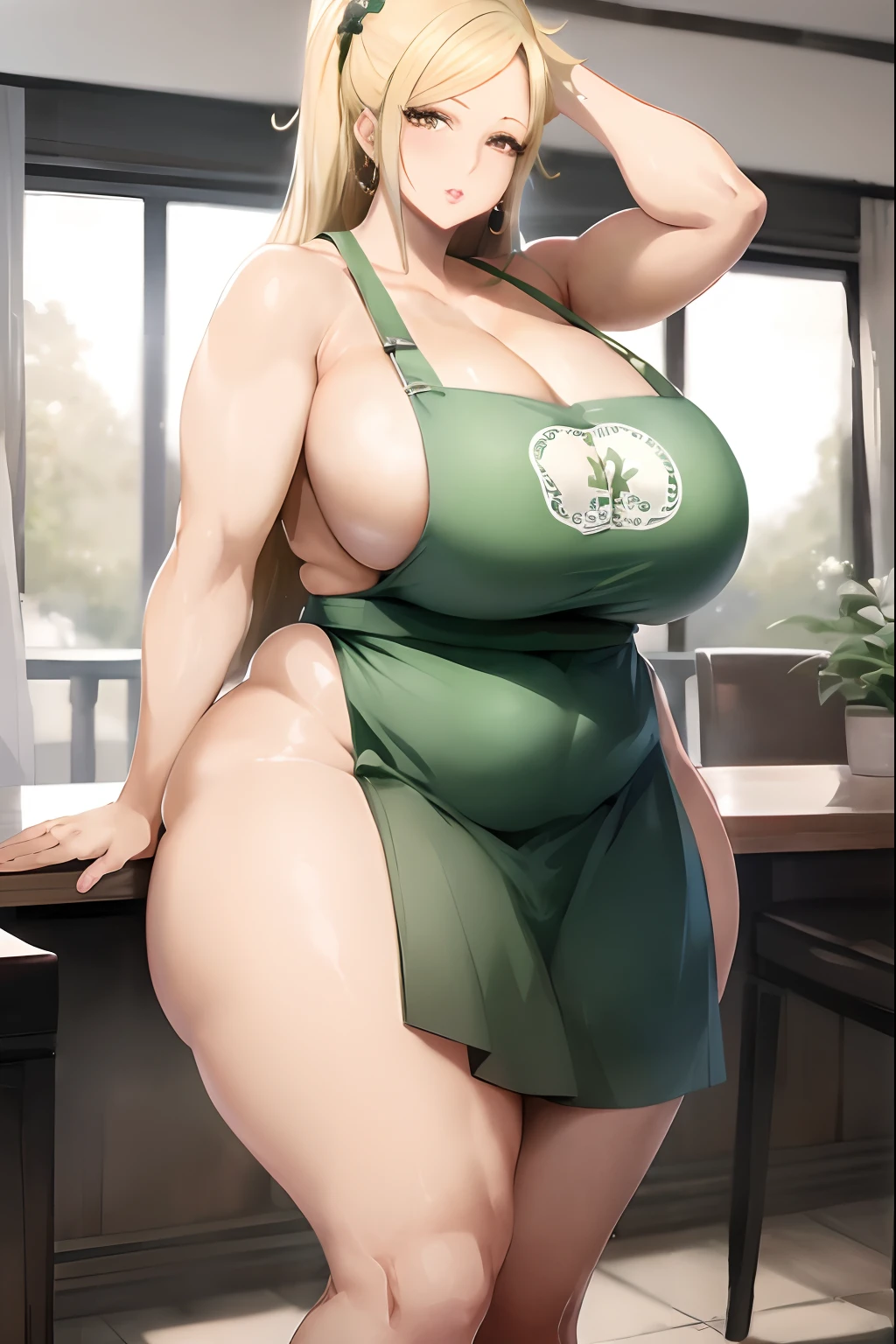 Anime - style image of woman in green dress posing for photo, Chic, oppai proportions, hyperrealistic full figure, oppai, small curvy loli, realistic shaded perfect body, thick body, Photorealistic perfect body, (SFW) safe for work, she has a jiggly fat round belly, tatsumaki from one punch man, Voluptuous body, curvy body, Tifa Lockhart,  anime style, plus size model, Scruffy body,Erotic cartoon style body, Married woman's big ass,Eros of a married woman, Married woman style, Married woman atmosphere