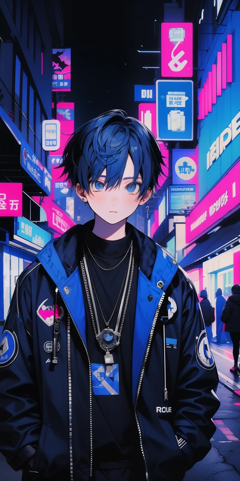 1 boy, (blue) hair, blue black jacket, street background cool pose