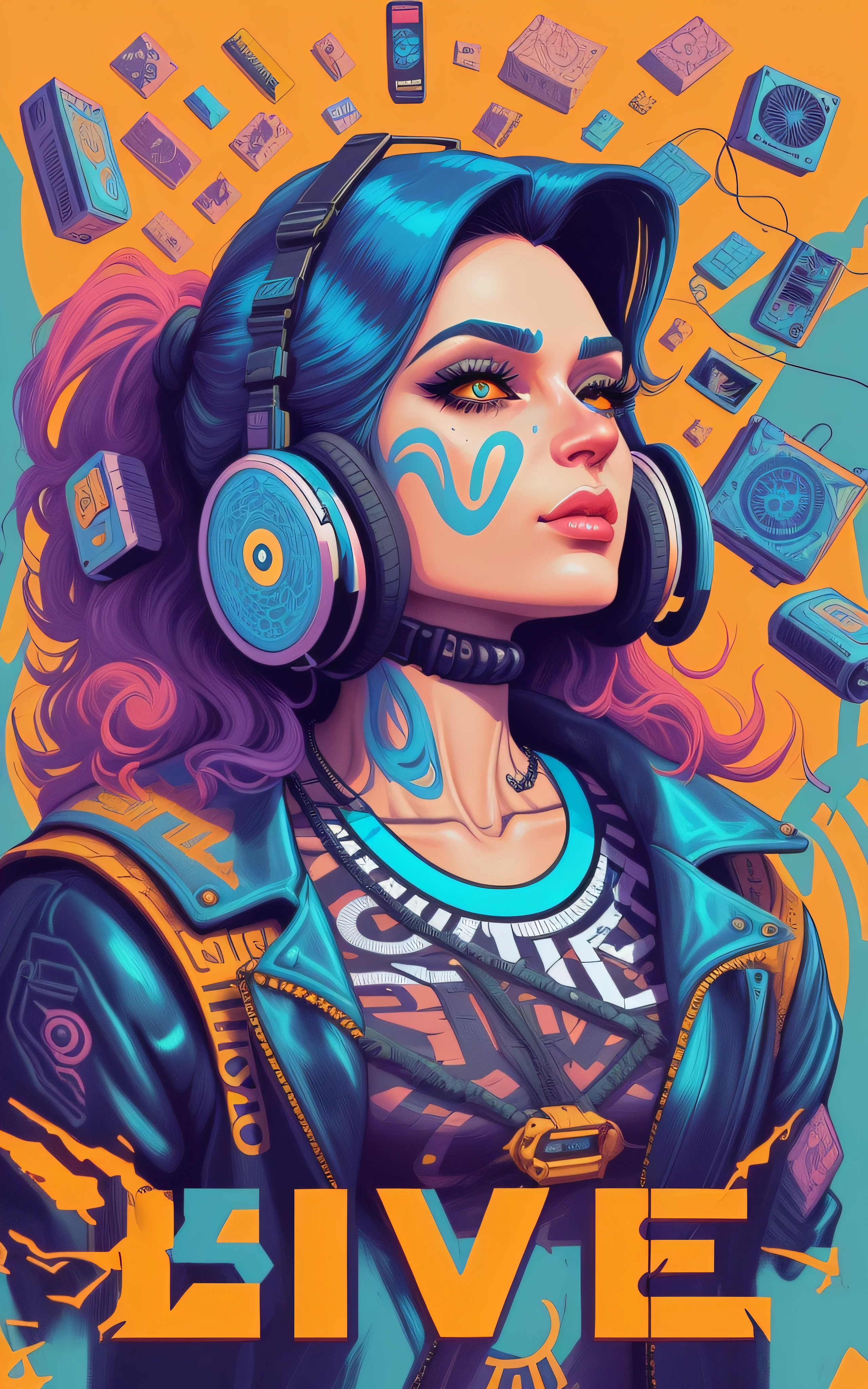 uma mulher com fones de ouvido e um microfone na frente de um fundo amarelo, estilo de arte digital, Jen Bartel, in illustration style digital, estilo de arte impressionante, estilo de arte cyberpunk, estilo de arte futurista, impressionante estilo de arte detalhado, epic digital art illustration, stunning digital illustration, Arte digital detalhada em 4k, 2d digital illustration, full-colour illustration, estilo de arte cyberpunk