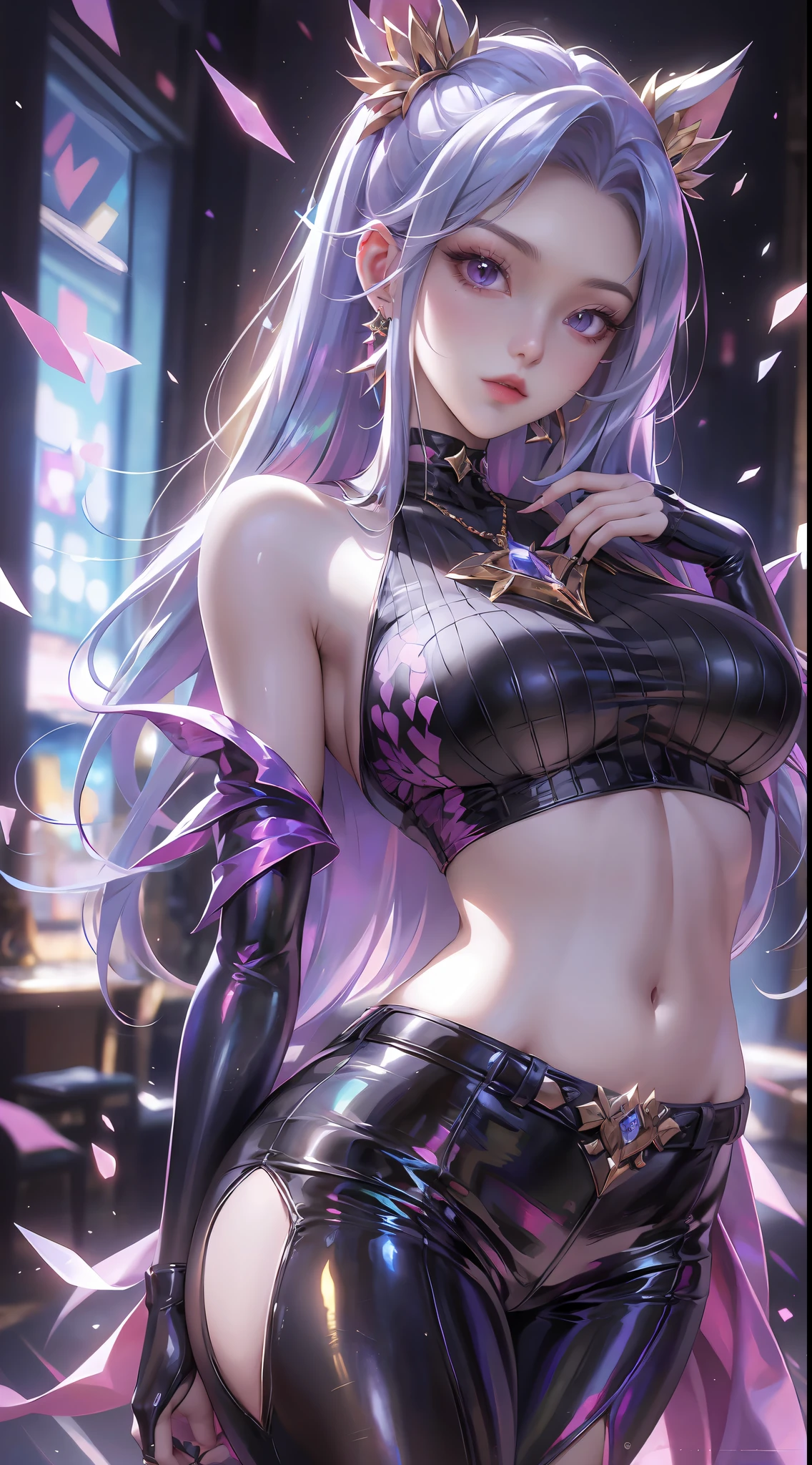 「In a breathtaking masterpiece in portrait form、Showcasing the highest quality artistry。The subject of this artwork is、It's one girl captured in amazing detail。」Pixiv Anime Realism Trends、Shibitai Perfect Body Perfect Face、hands not visible、Shot from the waist up、gigantic-breast、Minamoto of the Destiny Grand Order、Signature Tight Purple Bodysuit、sexy, nasty, naked