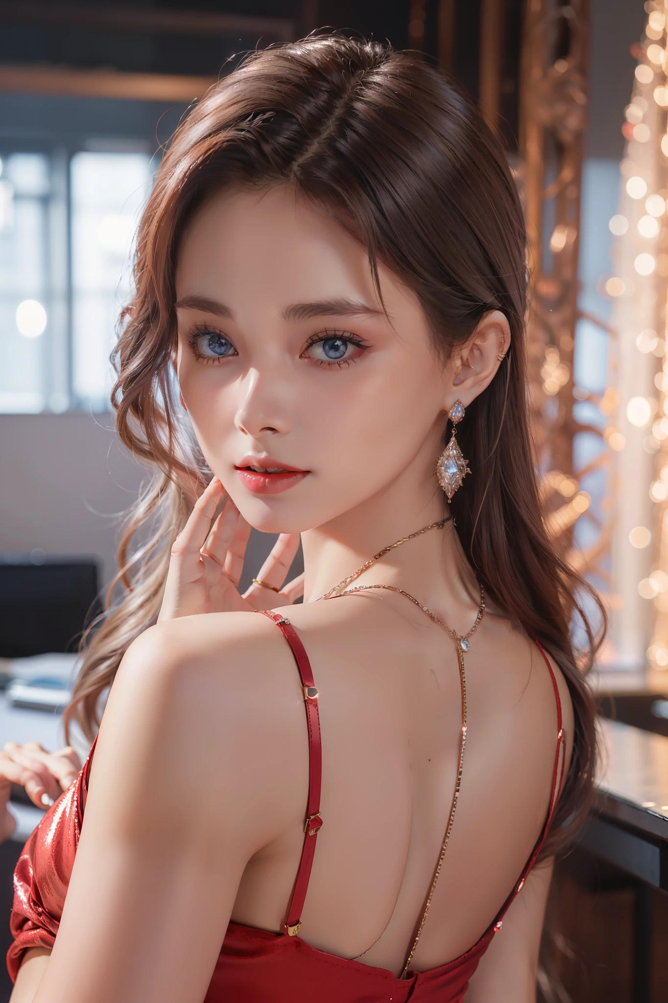 Top quality work,Photorealistic works,Ultra Premium Graphics,8K HD CG works,High-quality graphics,High-definition fine CG works,10x pixel,Ultra-fine details:1.1,Advanced technical details:1.1Photographically realistic,Indoor lighting effects:1.5,Natural light:1.5. light effect(Virtual Light Effects:1.8),超A high resolution,Shiny Blue Dress,Long silver hair,Silver hair,Transparent hair,High Detail Hair(Premium Hair Detail:1.1)Clear eyes,Good looking double eyelids,Sharp eye makeup, Delicate makeup for eyelashes, Thin eyebrows, ultradetailed eyes,High Nose, lovely red lips, Rose cheeks, Face with delicate makeup , Pretty Face, A perfectly proportioned face,(Advanced facial details:1.1)Collection of shiny blue luxury dresses,Blue Sequin Dresses,Sequin coat,shiny,Tight long skirt,Summer Sexy Hip Wrap Fishtail Sleeveless Commuter Maxi,Horse Stockings 100%Oil Gloss Panst Gloss Silk Luster 8D Black Silk Woman,stiletto heels,mitts,Beautiful long dresses,wonderful dress,Bright Red Series,Haute Couture Dresses Collection,Dress Photography,Authentic dress works,In the banquet hall,Women's Artwork,full-body view,Goddess of Dress,真实感,amazing,Today's eyes are bright