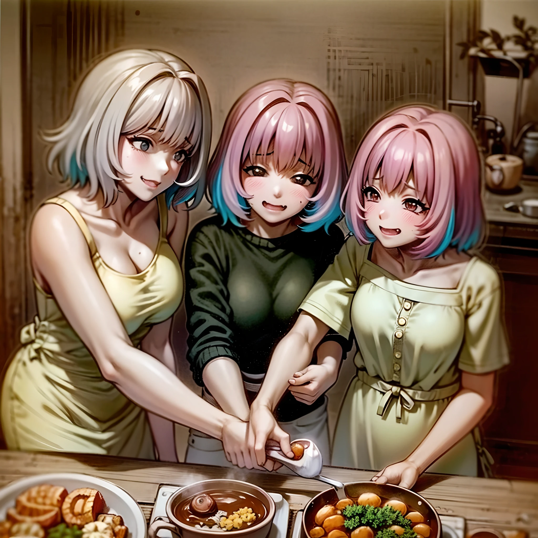 riamu yumemi,guts,couple,husband and wife,riamu motherly,house wife,cooking,mother and son,children,family,happy,(best quality,4k,8k,highres,masterpiece:1.2),ultra-detailed,(photo1.37),joyful,loving,embrace,adorable,cheerful,blissful,togetherness,warmth,smiles,vibrant colors,sunshine,beautifully lit,cosy home,harmonious,family bond,making memories,satisfying meal,homemade food,laughter,motherly affection,playful kids,herb garden,spacious kitchen,life's small joys,dreamy,wholesome,carefree,affectionate gaze,authentic moments,harmony of love and simplicity,unconditional love,tranquil,heartwarming,captured memories,cherished moments,intergenerational love,endless laughter,tight-knit,fond memories,blessed family,treasuring time together,priceless happiness