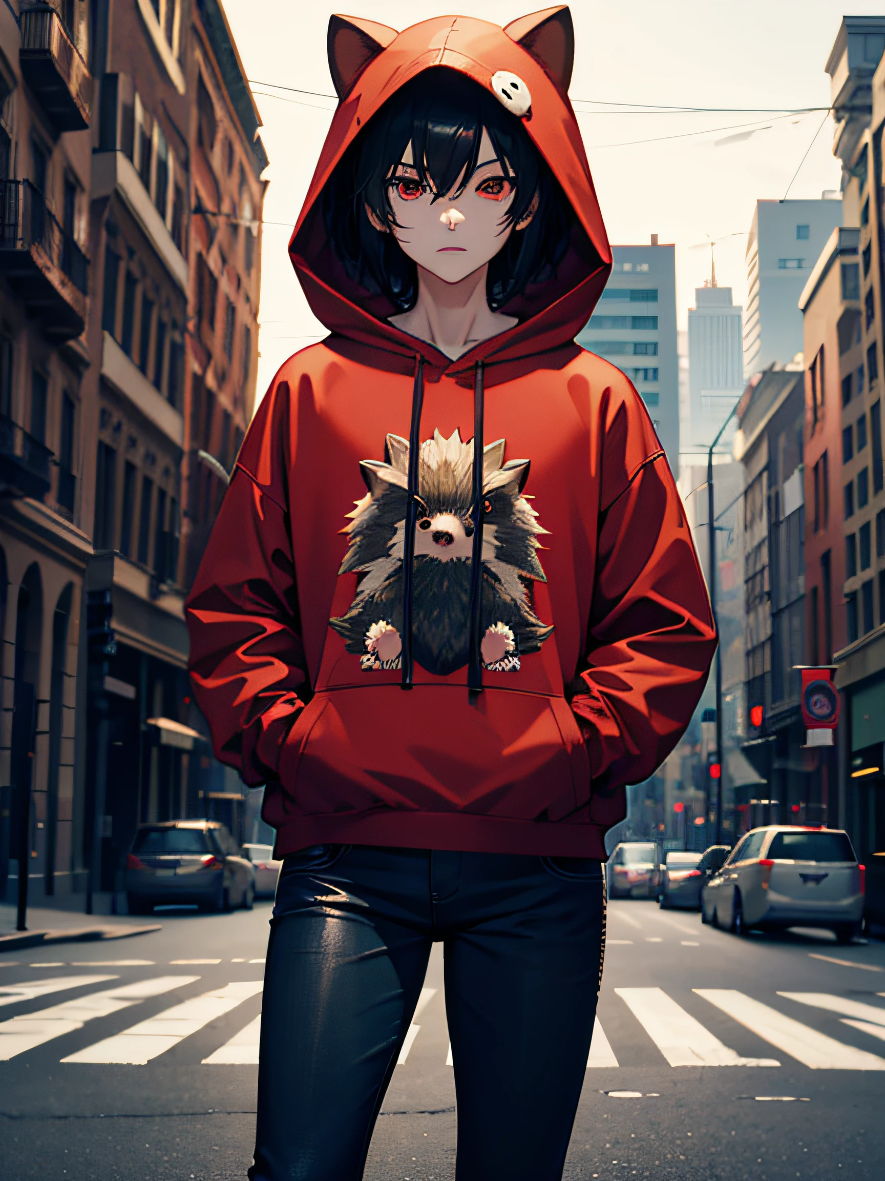 1guy, short black hair, red eyes, wearing hedgehog hoodie, skinny jeans, city, absurdres, high res, ultrasharp, 8K, masterpiece, looking at viewer