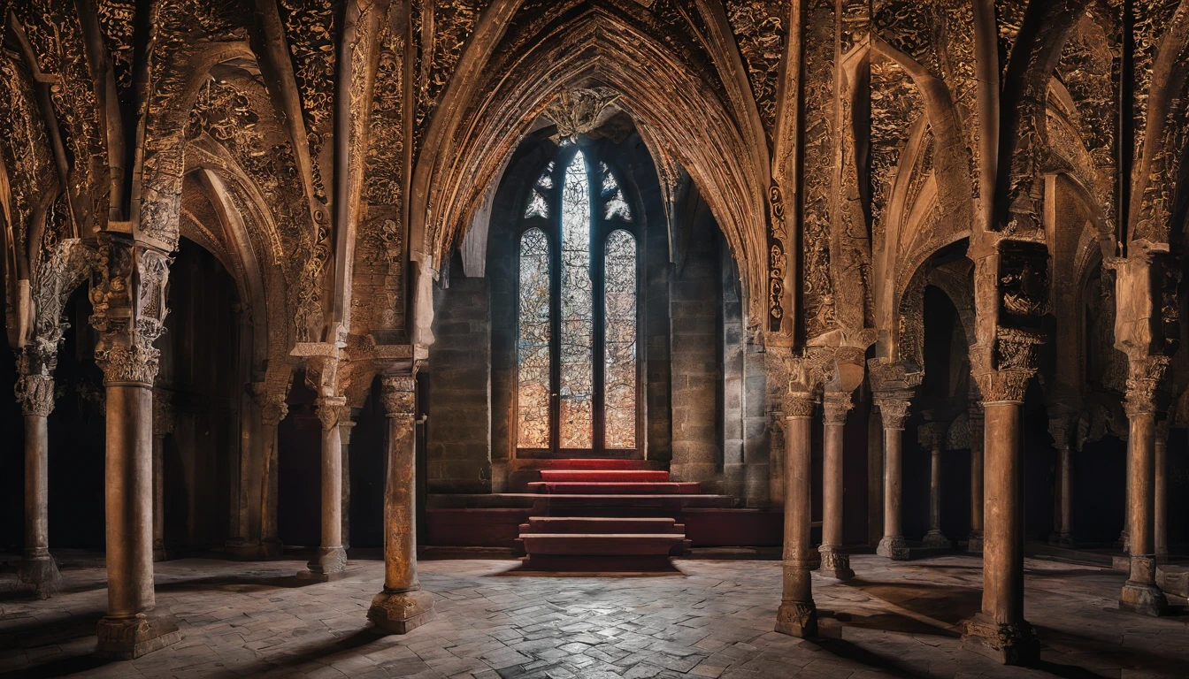 /imagine prompt: color photo of: "Dracula's castle seen from inside one of the rooms, gothic style"
,paredes de pedra escura e imponentes,
,uma lareira antiga e imensa, com brasas crepitantes,
,janelas altas e estreitas, cobertas por cortinas pesadas,
,solid wood furniture, adornados com detalhes entalhados,
,um tapete vermelho e luxuoso, Stretched across the stone floor,
,uma atmosfera misteriosa e sombria, permeated by a sense of suspense,
,uma luz fraca e difusa, que destaca as sombras e os contornos,
,Canon EOS Rebel T7i digital camera,
,filme colorido Kodak Portra 400,
,lente Canon EF 24-70mm f/2.8L II USM,
,Long exposure technique to capture the details of darkness,
,Tim Burton, Guillermo del Toro, Dario Argento, Edgar Allan Poe