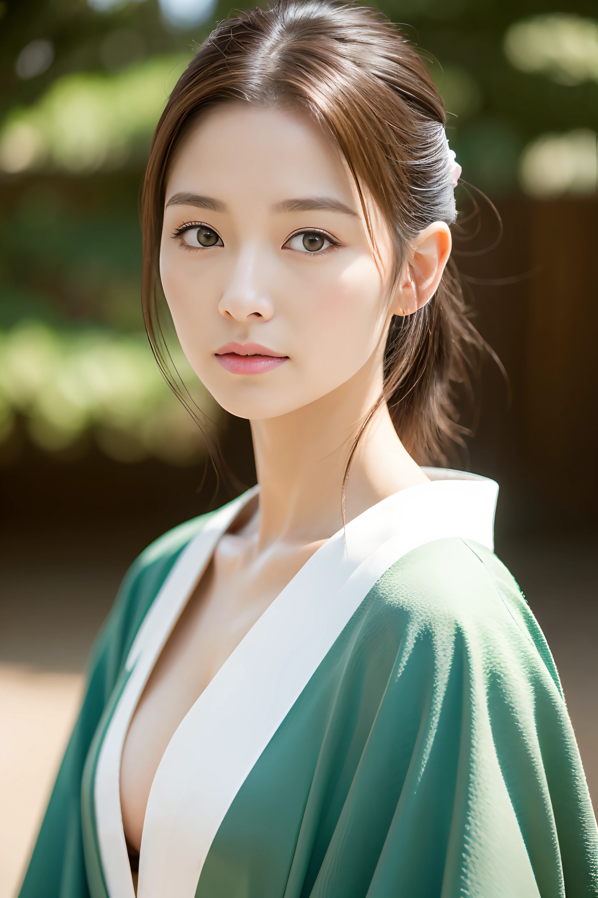 Wearing a kimono with upper eyes、Realistic Japan Woman, beautiful japanese female, goddess of Japan, Beautiful Japan Female Face、A MILF、Sexy Japan woman、Looking at the camera、Look into the eyes、facing front、Beautiful collarbone、Narrow-eyed、Single eyelid、Small eyes、tthin eyebrows、30-year-old woman with、low nose、thin lipss、Dimples、tying brown hair、On tatami mats、Sit upright、
