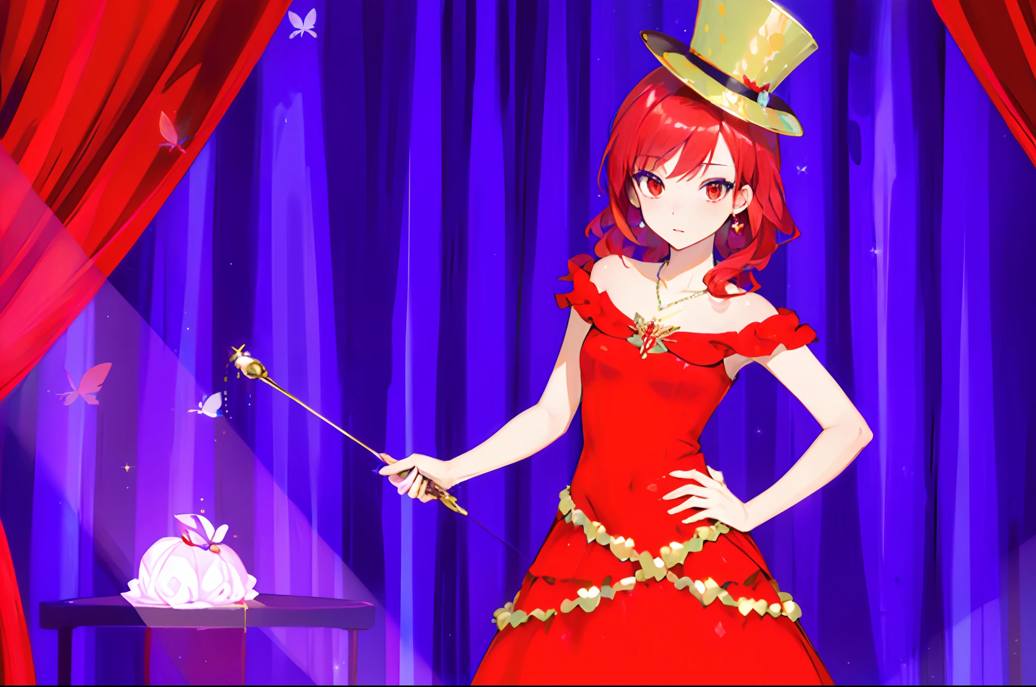 (masterpiece:1.5), (bestquality), highlydetailed, ultra-detailed, (red hair), (red dress), (1girl), bare shoulders, butterfly, (canopy bed), cape, curtain grab, curtains, (dress), hand on hip, (hat), jewelry, necklace, solo, (top hat)