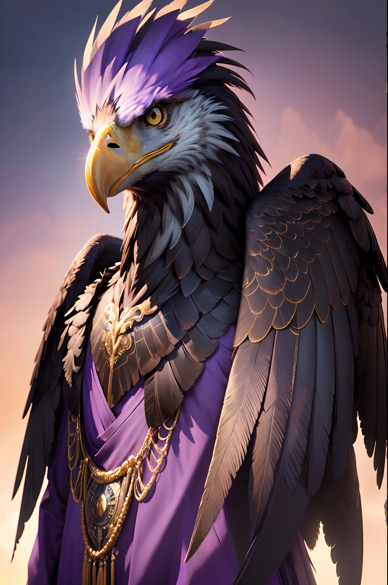 8K,Photorealsitic　Raw photography　top-quality;1.4) 　(1 Adult eagle male)　Personification of a super handsome eagle　(Lifelike face)　Personification of the eagle　Personification of the eagle　Black and purple exterior　Black and purple trousers　Golden decoration　Beautiful expression　超A high resolution　A smile　Precise details　Realistic coat　wings grow from the back