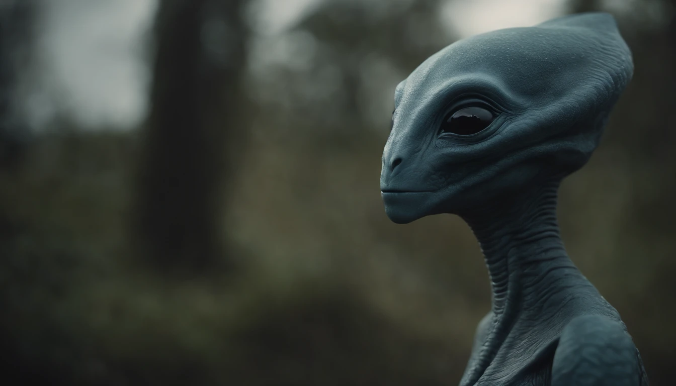 Ethereal alien creature with bluish-gray skin，中景 the scene is，cuerpo completo como，VFX surrealista altamente detallado 16K，OC renderizado，Disparo con 70 mm - AR 16:9 --q 2 --s 1000. Cinnamatographic lighting, en el campo, se comunican con el espacio exterior y otros planetas