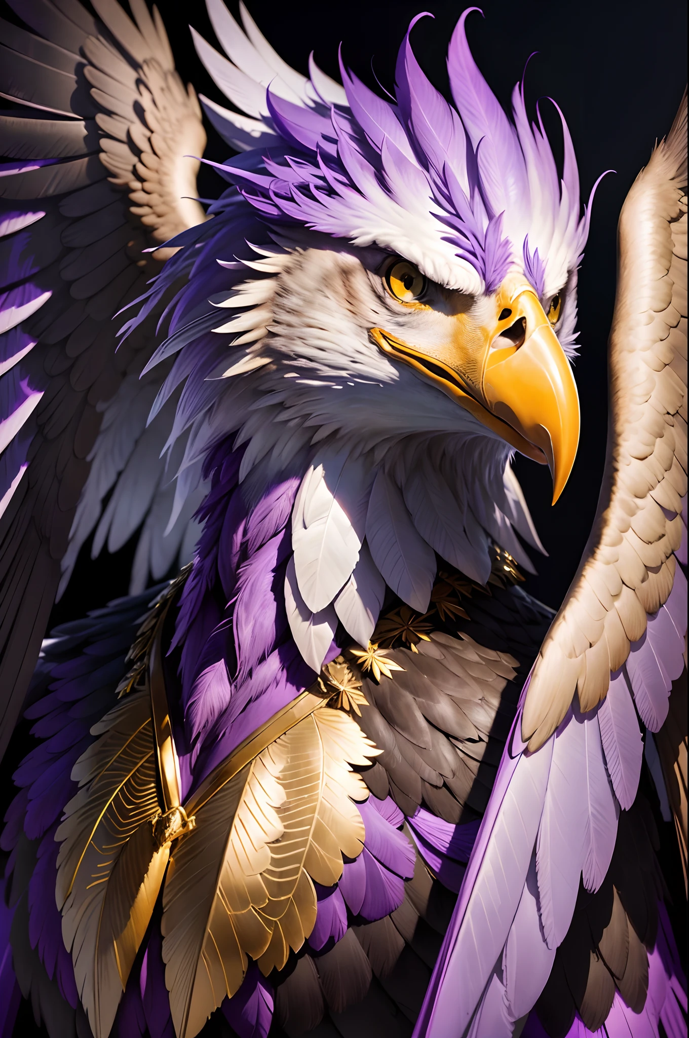 8K,Photorealsitic　Raw photography　top-quality;1.4) 　(1 Adult eagle male)　Personification of a super handsome eagle　(Lifelike face)　Personification of the eagle　Personification of the eagle　Black and purple exterior　Black and purple trousers　Golden decoration　Beautiful expression　超A high resolution　A smile　Precise details　Realistic coat　wings grow from the back