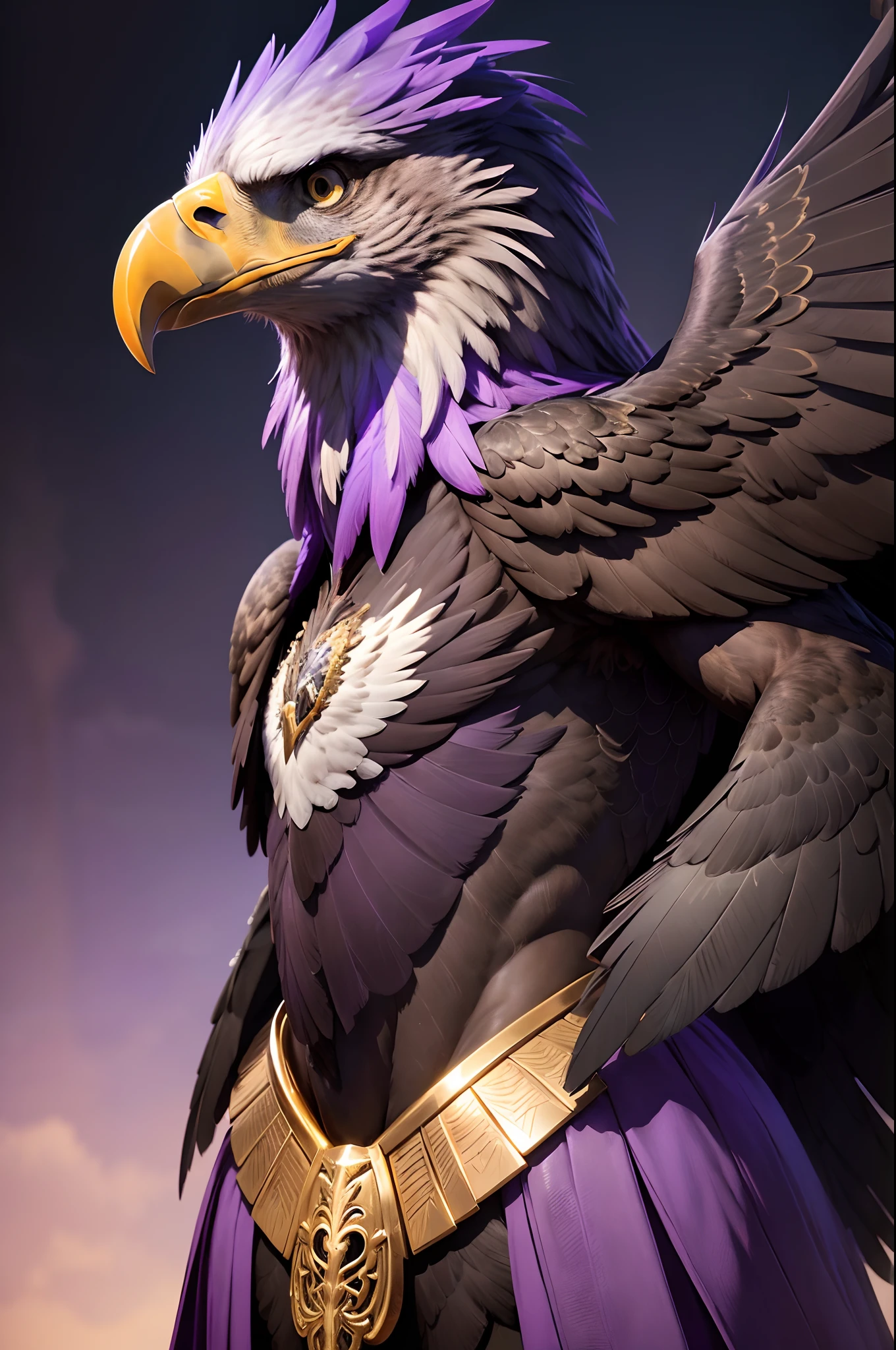 8K,Photorealsitic Raw photography top-quality;1.4) (1 Adult eagle male) Personification of a super handsome eagle (Lifelike face) Personification of the eagle Personification of the eagle Black and purple exterior Black and purple trousers Golden decoration Beautiful expression 超A high resolution A smile Precise details Realistic coat wings grow from the back