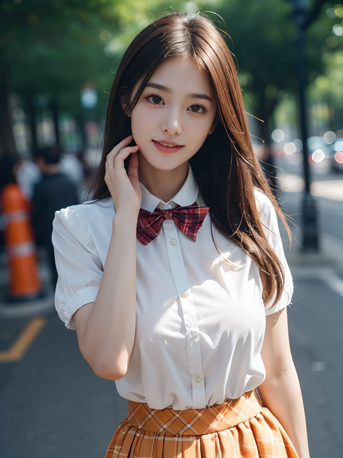 best qualtiy,tmasterpiece,超高分辨率,(真实感:1.4),RAW photogr,1girll,long whitr hair,Face Highlighting,Pure,Girly,Flushing,18yr old,18-year-old smiling female classmate,Pure,Innocent,(best qualtiy,8K,tmasterpiece:1.3),Goose egg face,largeeyes,long eyelasher,Exquisite(live-action realistic style),Star-like eyes,Ultimate face,Photorealistic light and shadow,Clear facial features,Milky white skin,Fair skin, highdetailskin, Realistic skin details, Visible Pore,(Super detail),(perfect bodies:1.1),long whitr hair,(dynamicposes),((Dynamic background((volumettic light:1.3)),Pale orange plaid skirt,huge tit,White color blouse,Red plaid bow tie,the street,Photo pose,Hands to hearts