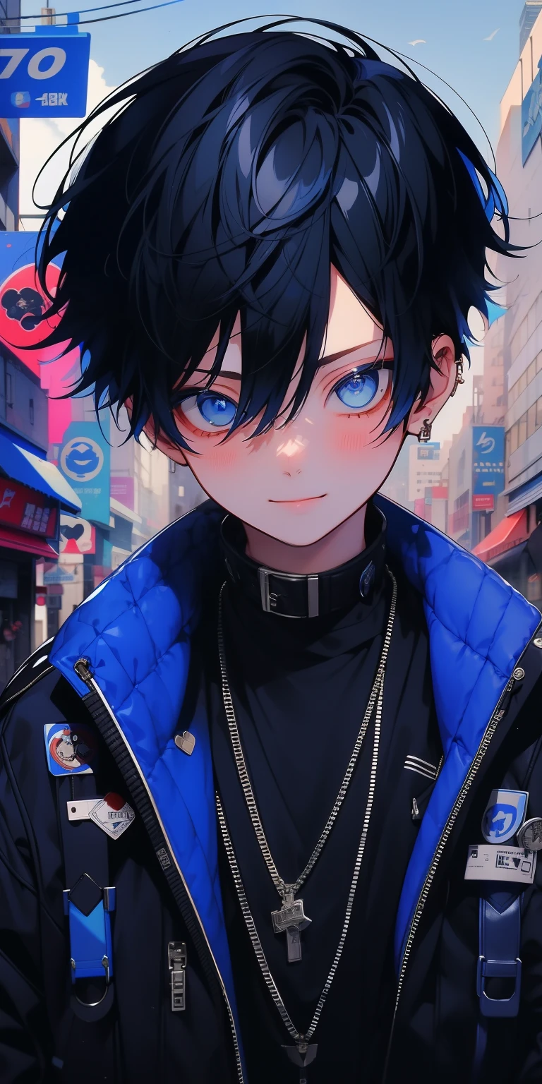 1 boy, (blue) hair, blue black jacket, street background cool pose, smile face, attractive face, blushing cute embarace face shy
