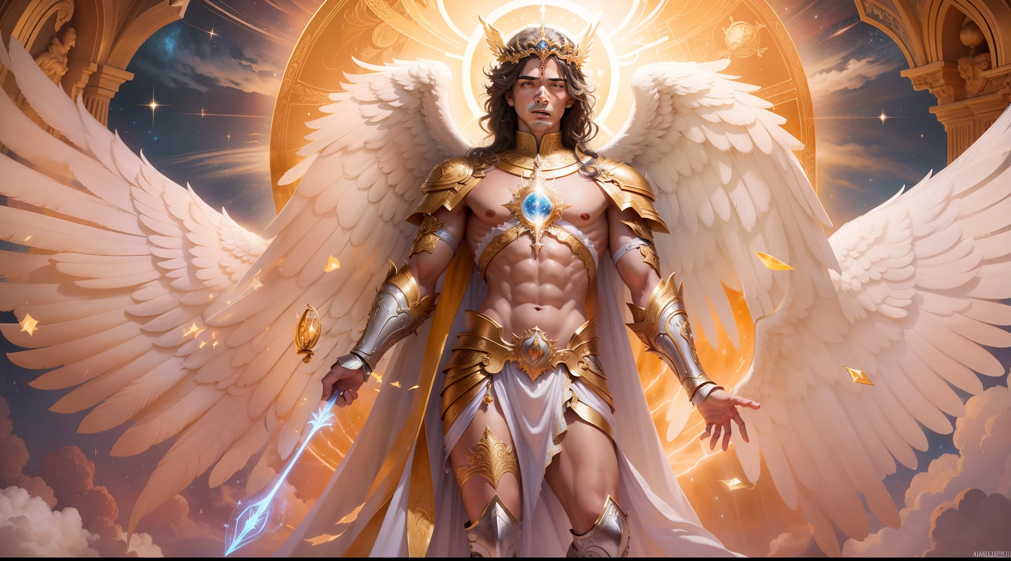 um personagem masculino bonito meia idade, o arcanjo Miguel, imagem celestial, detalhes intricados, realista, asas ROSAS e grandes, fundo angelical, Catholic illustrative image of the archangel Michael, Male character of the Bible, Michael is wearing his angelic armor, cosmic background, Illumination in the Archangel and in the background, imagem do corpo todo do anjo, Maximum detail and his angelic face and wings, pele perfeita realista, Maximum image quality, Miguel ele esta destacado na imagem com cores fortes e chamativas, asas grandes