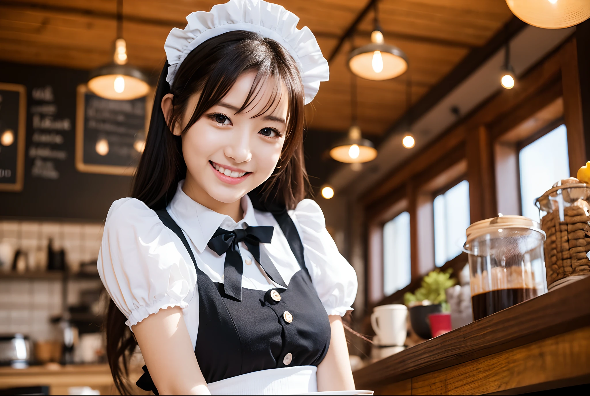 masterpiece, top quality, 1 japanese girl, furry, cowboy shot, face kitten, adorable, maid dress, arms behind the back, look viewer, in the coffee shop, smiling