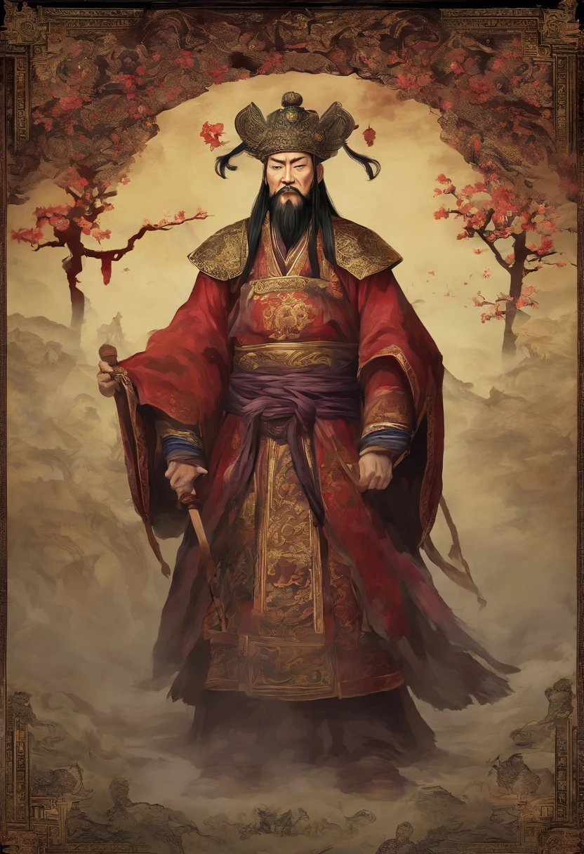 Capture a darkened imperial court, with shadowy figures representing the corrupt officials of the Eastern Han dynasty huddled around the emperor. The atmosphere should be ominous, highlighting the corruption and treachery. three kingdoms era, ancient emperor, ancient chinese, chinese emperor