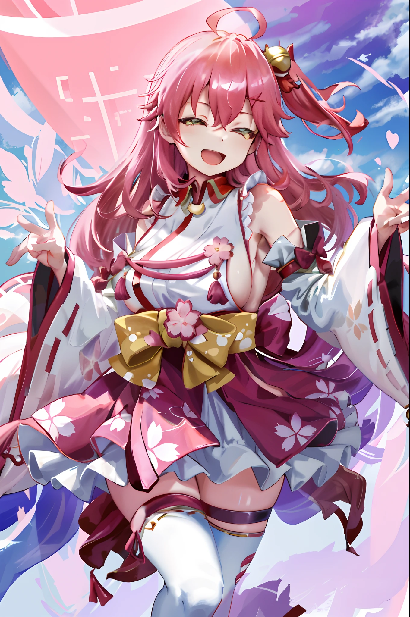 masterpiece, best quality, highres, miko1, sakura_miko, 1girl, green eyes, solo, ahoge, x_hair_ornament, pink_hair, floral print, hairclip, (sideboob:1.4), hair_bell, floral print, long_hair, hair between eyes, one side up, white thighhighs, asymmetrical legwear, wide sleeves, open_mouth,happy,close_eyes, smile,dynamic_posing,rising_leg,plump,apart_legs,(heart shaped hands:1.1),