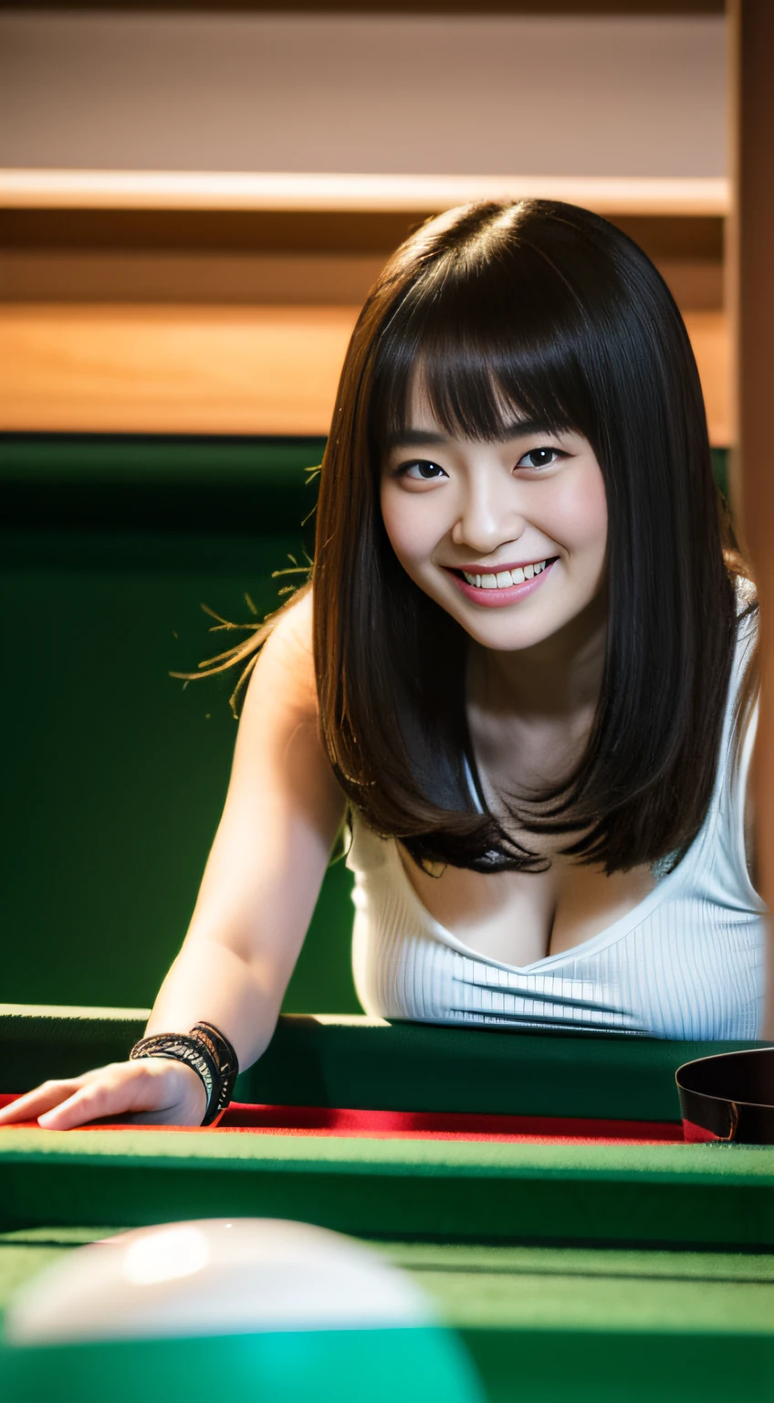 ((billiards))、((natta))、a smile、(masterpiece、top-quality) 、kawaii、(Colossal tits:1.2)、((20 year old woman:1.ung adorable Japan face, ,Soft portrait shots,in 8K,、Young cute gravure idol