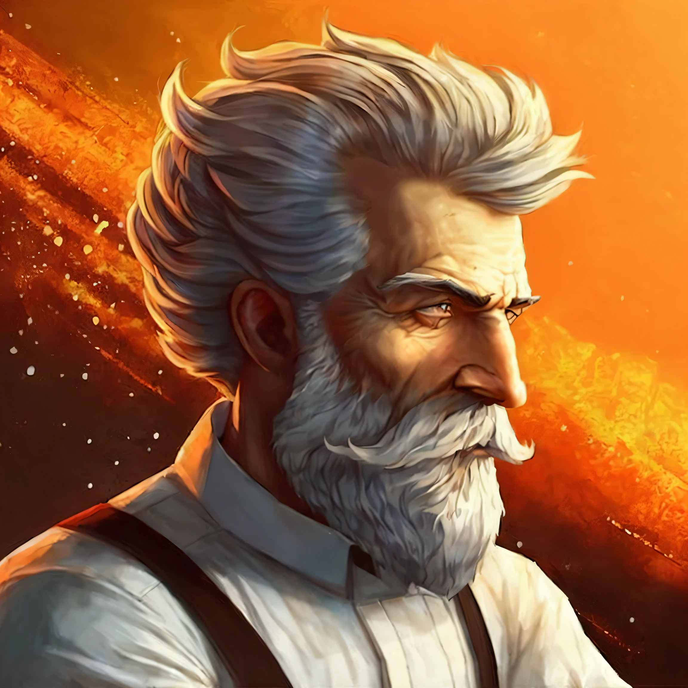 A man with a beard and a white shirt holds a glass in his hand, Epic RPG portrait, epic portrait illustration, inspiriert von George Lucas, Porträt von Hide the Pain Harold, Epic game portrait, Epic Character Portrait, Epic Portrait, Silbernes Haar und Bart, Epischer Kunststil, Art for mobile games, Detaillierte Spielgrafik, portrait art of rick sanchez, Vaterzeit, RPG Portrait