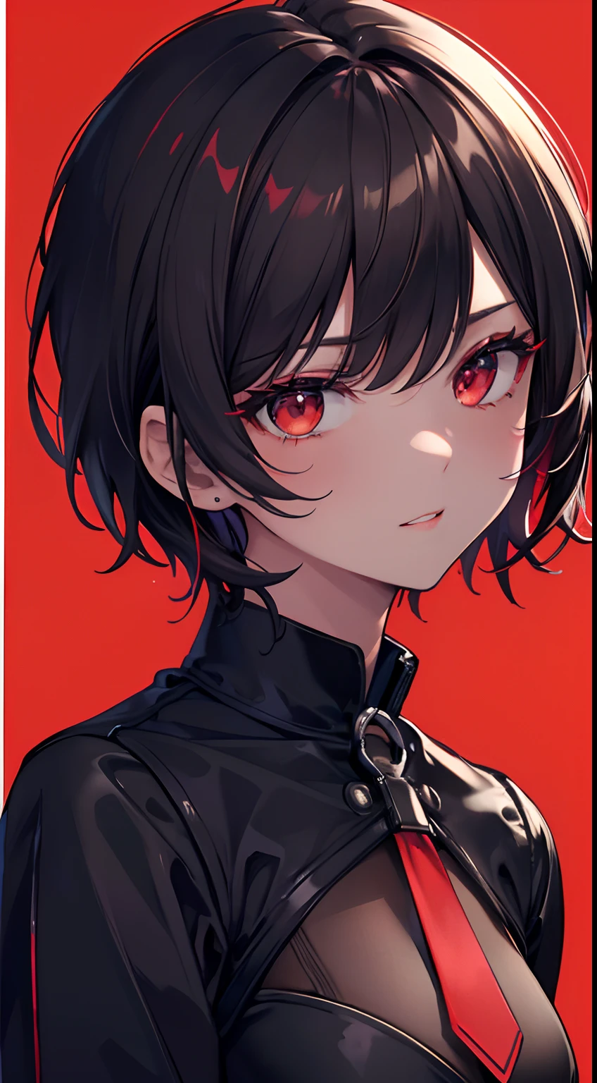 (masterpiece, sidelighting, finely detailed red eyes: 1.2), ((best quality)), ((masterpiece)), (highly detailed:1.3), (face portrait), anime, girl, childish body, (black shirt, shirt with bare shoulders), pale skin, (shadowed eyes, darkened eyes, red eyes), (mischevious smirk), (short-medium hair, black hair, messy haircut), red tatoo on cheek, solo,