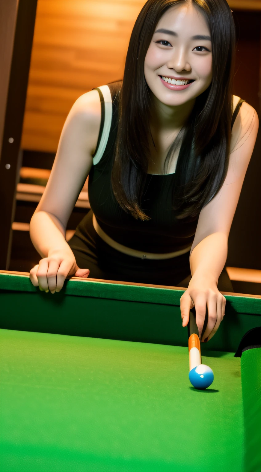 ((billiards))、((natta))、a smile、(masterpiece、top-quality) 、kawaii、(Colossal tits:1.2)、((20 year old woman:1.2))、Young adorable Japan face, ,Soft portrait shots,in 8K,、Young cute gravure idol