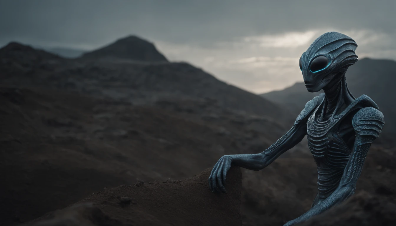 Ethereal alien creature with bluish-gray skin，中景 the scene is，Corpo inteiro como，VFX surreal de 16K altamente detalhado，OC rendering，Disparo 70mm - AR 16:9 --q 2 --s 1000. cinnamatographic lighting, em campo, communicate with outer space and other planets