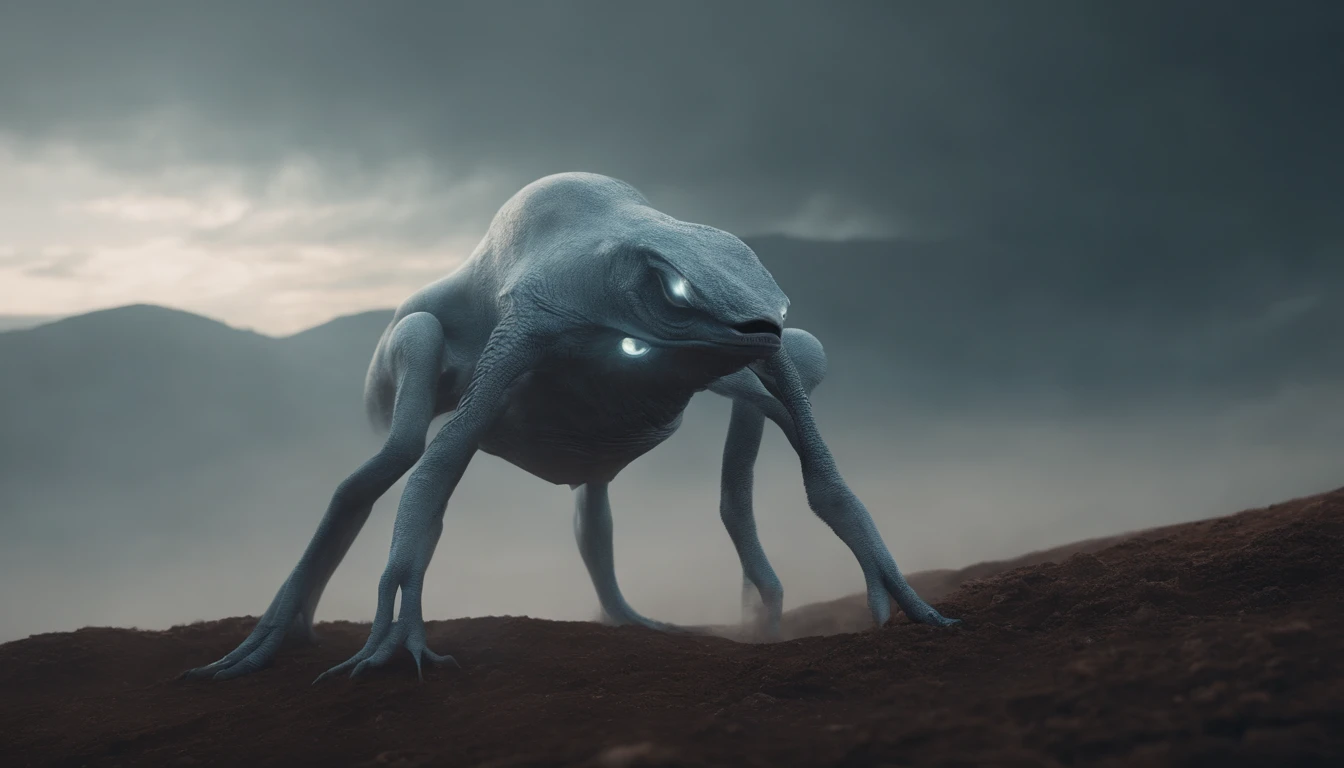 Ethereal alien creature with bluish-gray skin,中景 the scene is,Corpo inteiro como,VFX surreal de 16K altamente detalhado,OC rendering,Disparo 70mm - AR 16:9 --q 2 --s 1000. cinnamatographic lighting, em campo, communicate with outer space and other planets