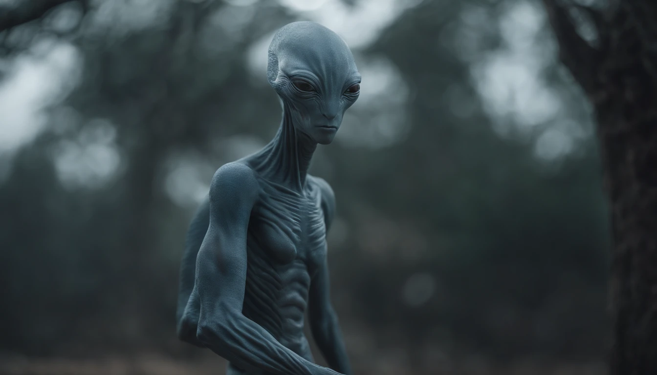 Ethereal alien creature with bluish-gray skin，中景 the scene is，Corpo inteiro como，VFX surreal de 16K altamente detalhado，OC rendering，Disparo 70mm - AR 16:9 --q 2 --s 1000. cinnamatographic lighting, em campo, communicate with outer space and other planets