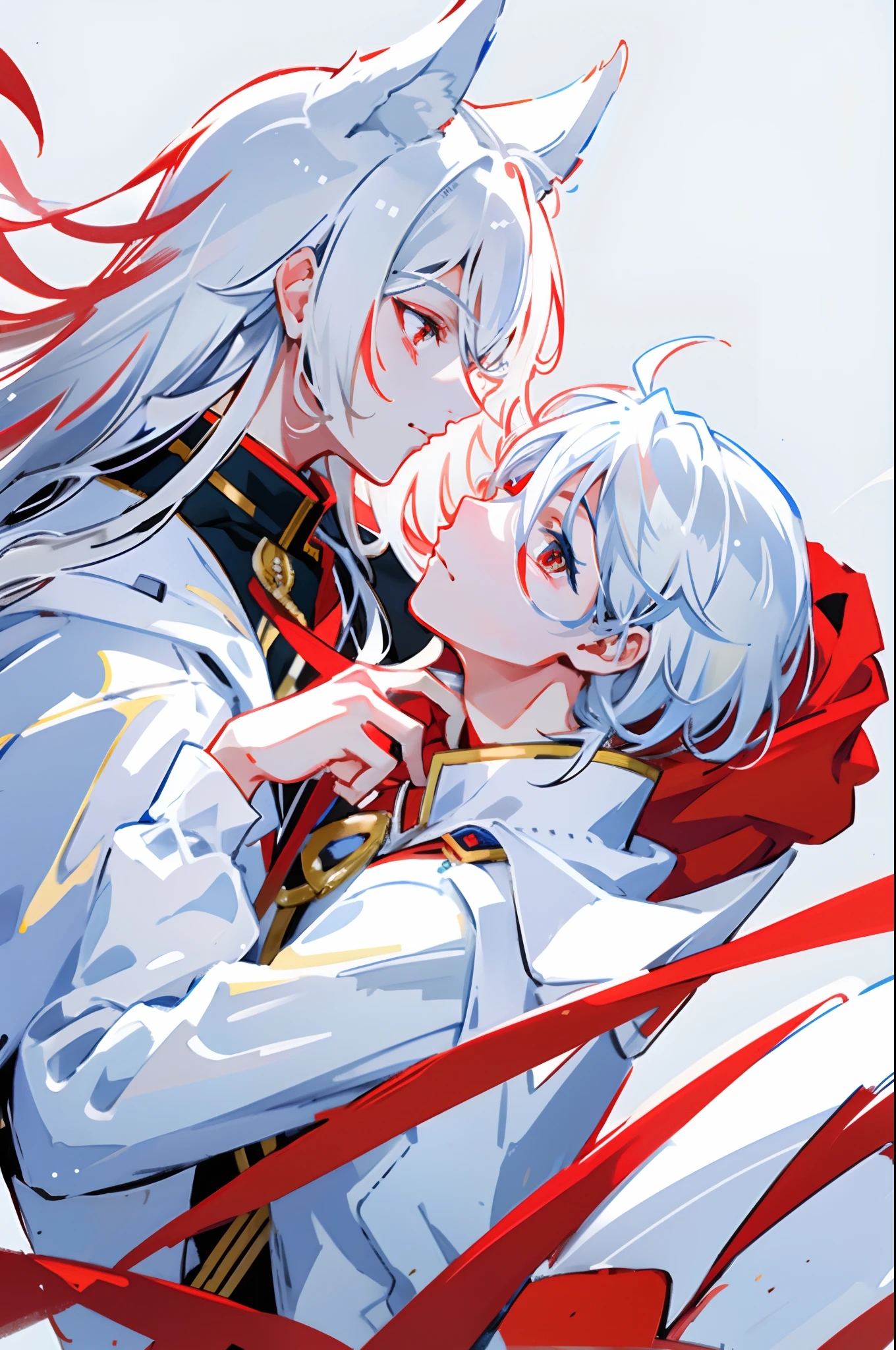 masterpiece, Ultra HDR, Detailed artwork, inricate small details, profile,Charter Layout,full bodyesbian,at attention,Eye,put down hands,Handsome fox boy,White hair, red eyes, White costume with decoration,Detail costumes,White back,