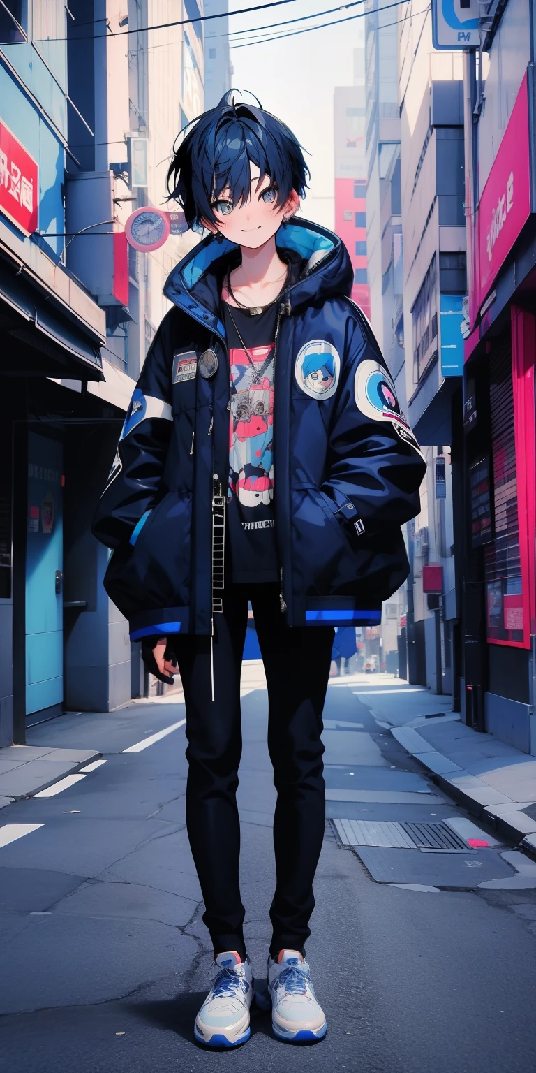 1 boy, (blue) hair, blue black jacket, street background cool pose, smile face, attractive face, selfie shot, blushing cute embarace face shy, half full body shot