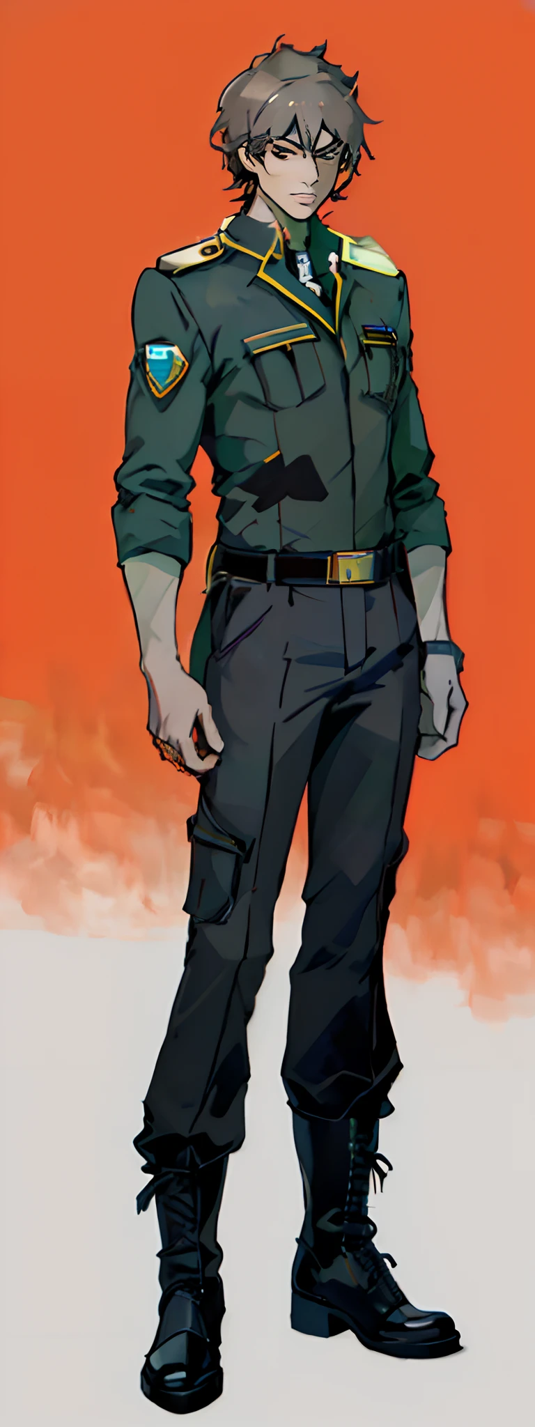 quadratic element，Stand sideways，super detailing，High quality，​master piece，A tall boy，Handsome face，Black uniform cover，long trousers，Martin boots