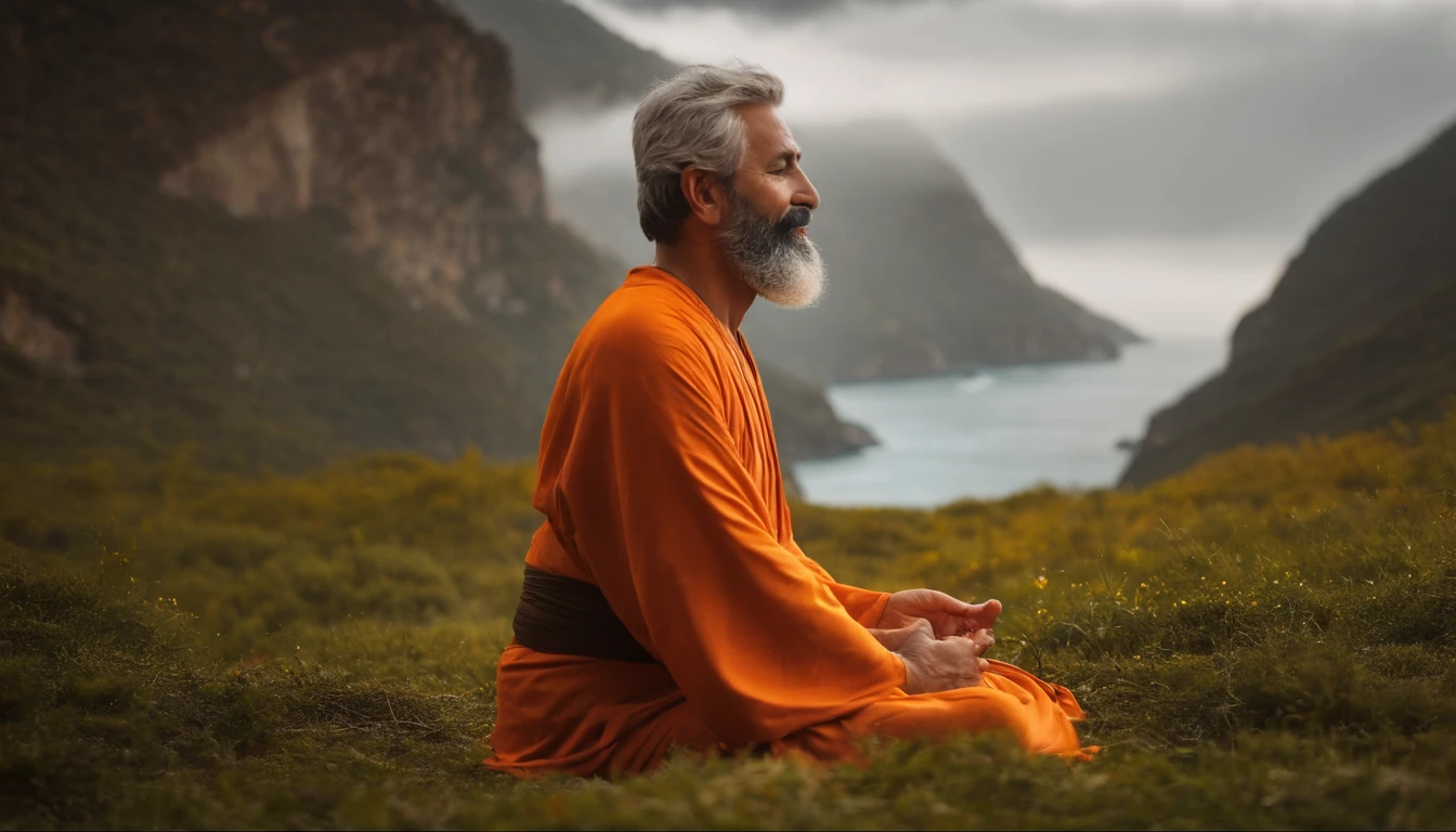 Imagina al Viejo Zen, orange tunic, ojos grandes, and long white beard Smiles and meditates, Face the camera, Foto de cuerpo entero, foto frontal, El fondo es agua alpina que fluye, Viento chino, El detalle, cinematiclight, Alta calidad --ar 3:4[Fotos], 。.。.。...3D, surrealismo, cinematic lighting, hiper HD, Super detail, piel texturizada, hiper HD, ccurar, piel texturizada, Detalles altos