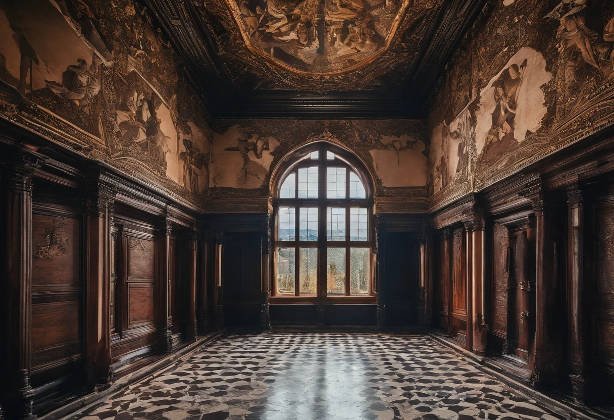 /imagine prompt: color photo of: "Dracula's castle seen from inside one of the rooms, gothic style" 
,paredes de pedra escura e imponentes, 
,uma lareira antiga e imensa, com brasas crepitantes,
,janelas altas e estreitas, cobertas por cortinas pesadas,
,solid wood furniture, adornados com detalhes entalhados,
,um tapete vermelho e luxuoso, Stretched across the stone floor,
,uma atmosfera misteriosa e sombria, permeated by a sense of suspense,
,uma luz fraca e difusa, que destaca as sombras e os contornos,
,Canon EOS Rebel T7i digital camera,
,filme colorido Kodak Portra 400,
,lente Canon EF 24-70mm f/2.8L II USM,
,Long exposure technique to capture the details of darkness,
,Tim Burton, Guillermo del Toro, Dario Argento, Edgar Allan Poe