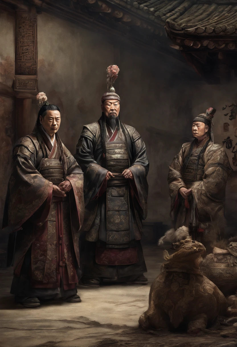 Capture a darkened imperial court, with shadowy figures representing the corrupt officials of the Eastern Han dynasty huddled around the emperor. The atmosphere should be ominous, highlighting the corruption and treachery. three kingdoms era, ancient emperor, ancient chinese, chinese emperor