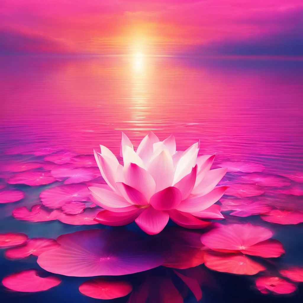 white colors, in pink, lotus flower, One, On the surface of the water, artistic conception, Light shines straight down from above, partially underwater shot, Romanticism, Op art, sparkle, god rays, ray tracing