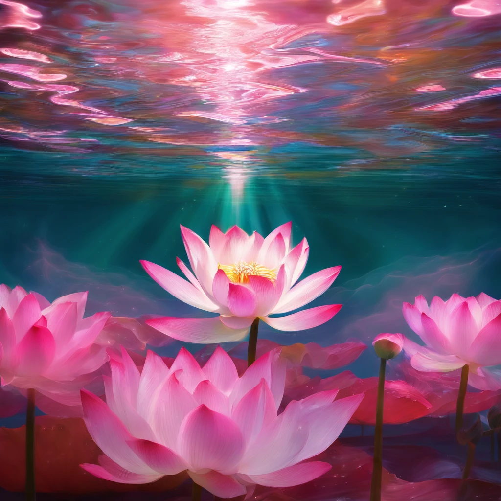 white colors, in pink, lotus flower, One, On the surface of the water, artistic conception, Light shines straight down from above, partially underwater shot, Romanticism, Op art, sparkle, god rays, ray tracing