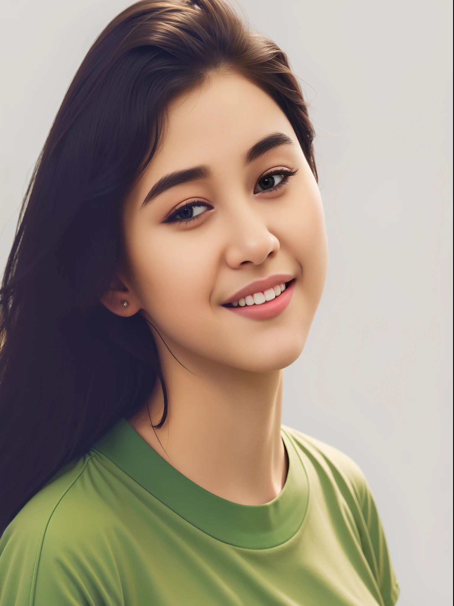 Masterpiece, highly detailed, detailed photo, 8k, portrait of a girl, wearing green t-shirts, short hair