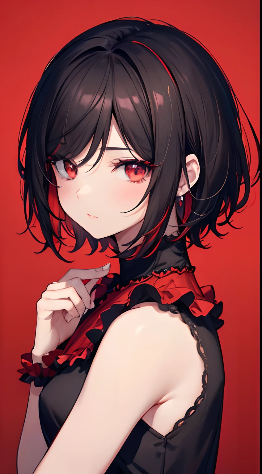 ultra hyper-detailed、High quality、best quality、Highly detailed、Accurate illustrations、pencil drawing、edge detection、sharpness、high contrast、highlight、photoRealstic、cinema light、８K、bright red background、RED GRADE BACKGROUND、Gradients、Men ina with dark skin、pretty girl、black dress、Bright red lipstick、Bright red eyeshadow、red eyes、Dark hair、short hair、Light short hair