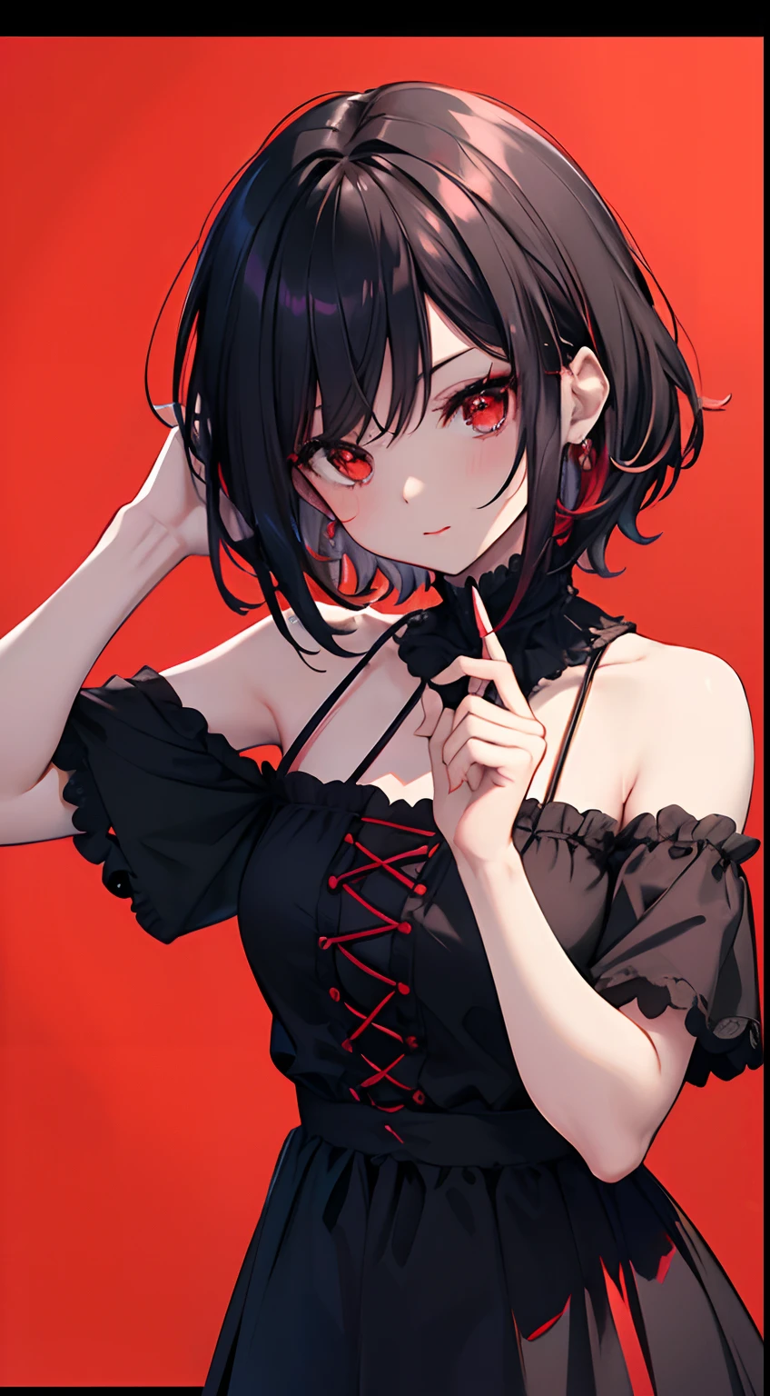 ultra hyper-detailed、High quality、best quality、Highly detailed、Accurate illustrations、pencil drawing、edge detection、sharpness、high contrast、highlight、photoRealstic、cinema light、8K、bright red background、RED GRADE BACKGROUND、Gradients、Men ina with dark skin、pretty girl、black dress、Bright red lipstick、Bright red eyeshadow、red eyes、Dark hair、short hair、Light short hair