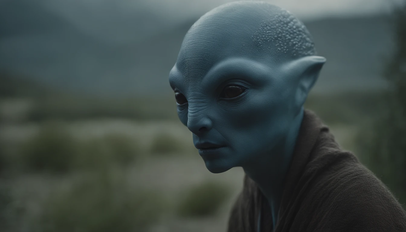 Ethereal alien creature with bluish-gray skin,中景 the scene is,Retrato primer plano, reflejo en los ojos del paisaje opuesto, VFX surrealista altamente detallado 16K,OC renderizado,Disparo con 70 mm - AR 16:9 --q 2 --s 1000. Cinnamatographic lighting, en el campo, se comunican con el espacio exterior y otros planetas