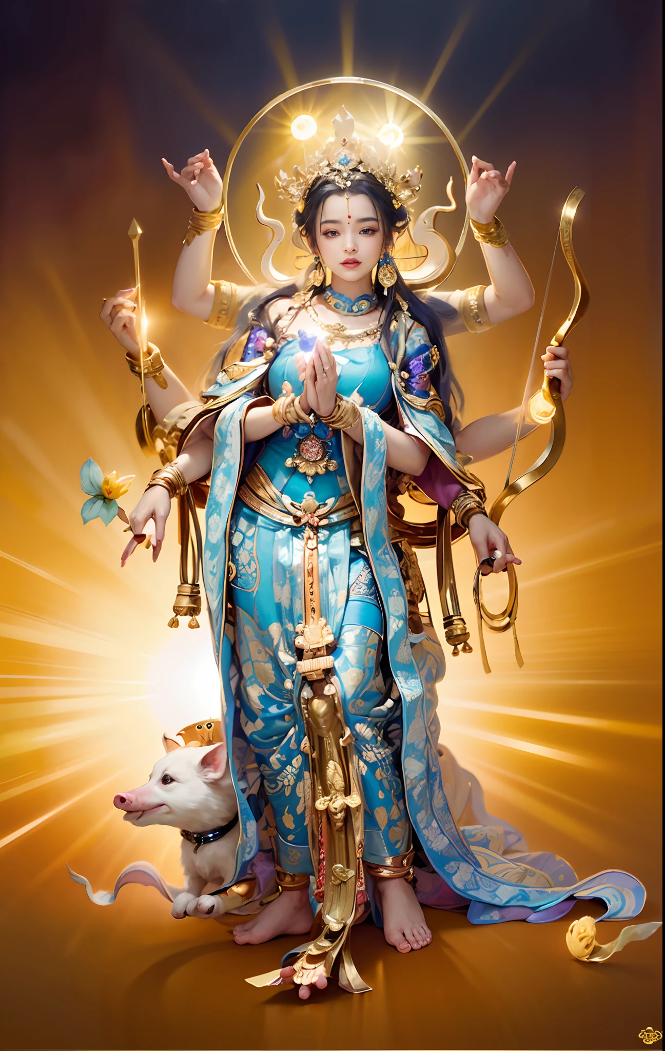 Beautiful woman sitting in a golden car, (((Golden lotus throne)))，The woman wears a light blue dress，Light blue pants，(((Head background with round light)))，(((Behind it is the sun)))，(((Women emit bright and dazzling blue light)))，Women have three heads，In total, The arm has eight mudras，Take all kinds of metal weapons，Barefoot on both feet，There are seven piglets pulling carts in front，goddess of love and peace, indian goddess of wealth, Heavenly Bodhisattva, goddess art, goddess of wisdom, an ancient Chinese goddess，photorealestic，professional photoshooting，Realiy，超高分辨率，tmasterpiece，