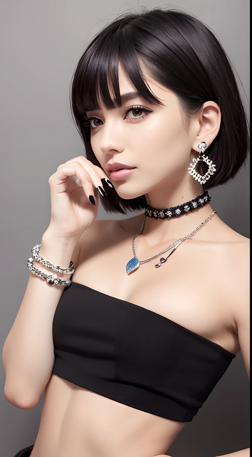 Pilyeon, Solo, 1girll, Black nails, jewelry, Short hair, view the viewer, choker necklace, necklace, hand on own face, Piercing, White background, Heart, Closed mouth, With gray eyes, nail polish, Simple background, whaite hair, Ear piercing, Black necklace, Smile, eyeslashes, Lips, hand on own cheek, bangs, Bracelet, Beads, Pedras preciosas, Earrings, finger nails