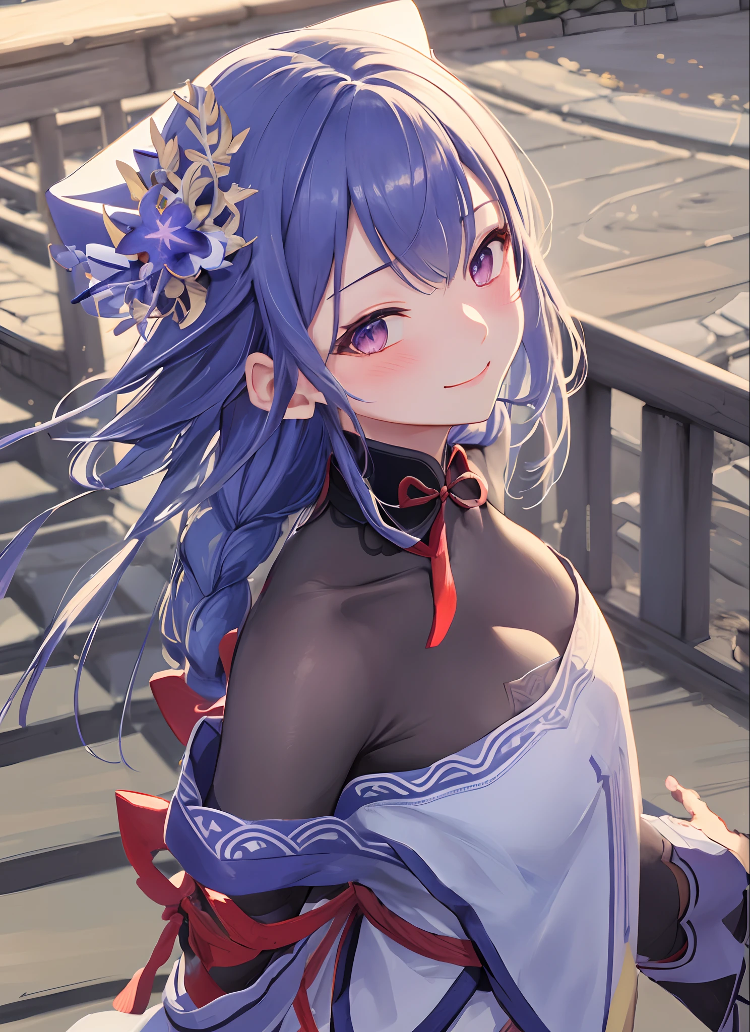 Raiden General def, The upper part of the body, A smile, red blush, plein air, tag, simple background, blue open sky, length hair, Skysky, looking at the viewers, stairway, mont, Moody lighting, Facing your audience,