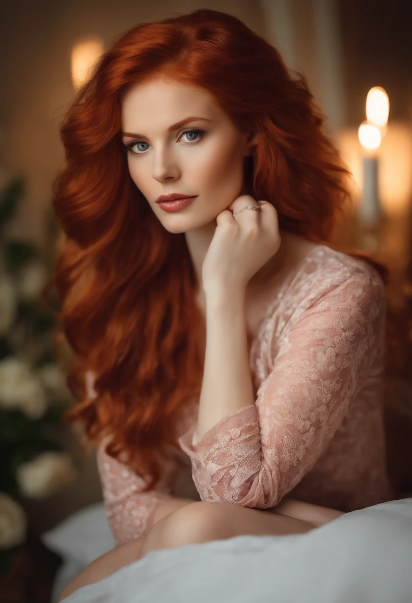 Es gibt eine Frau, who sits on the bed and wears pink flowered pajamas, redhead girl, Beautiful red-haired woman, rothaarige Frau, Young redhead girl, kurzes, leuchtend rotes Haar, Red hair and attractive facial features, Anna Nikonova alias Newmilky, redhead girl, Rothaar, gorgeous woman, Posieren im Bett, roter Kopf, mit kurzen roten Haaren, Pose im Raum