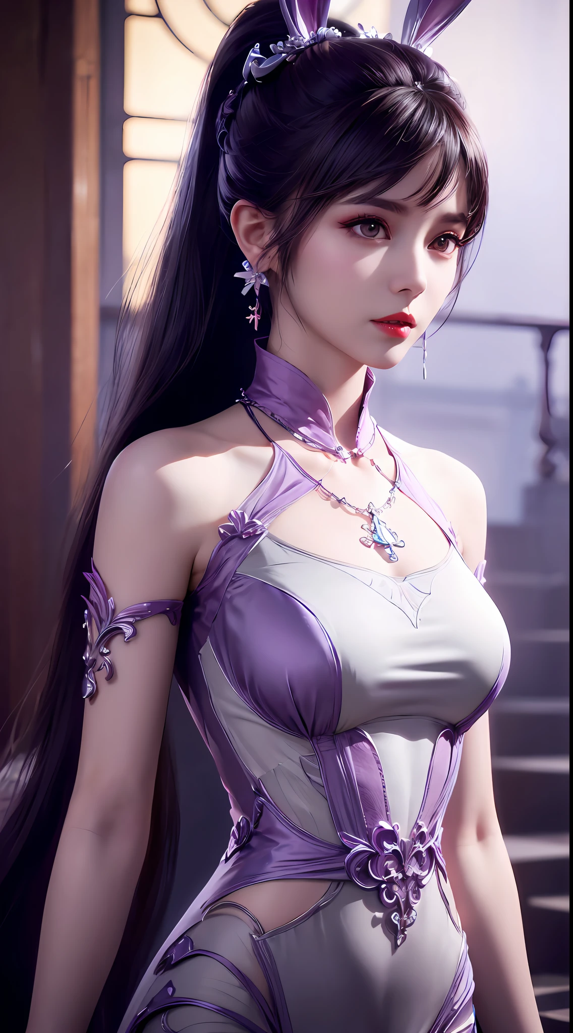 1 beautiful girl in Han costume, thin purple silk shirt with white color with many textures, white lace top, long platinum purple ponytail, hair jewelry, ear jewelry, light purple rabbit ears, necklace and necklace, meticulously drawn large purple eyes, meticulous makeup, thin eyebrows, high nose, lovely red lips, not smiling, pursed lips, rosy cheeks, wide breasts, big breasts , well-proportioned bust, slim waist, purple mesh socks, chinese hanfu style, fictitious art textures, vivid and realistic colors, RAW photos, realistic photos, ultra high quality 8k surreal photos, (effective fantasy light effect: 1.8), 10x pixel, magic effect (background): 1.8), super detailed eyes, girl body portrait, ancient hanfu background,